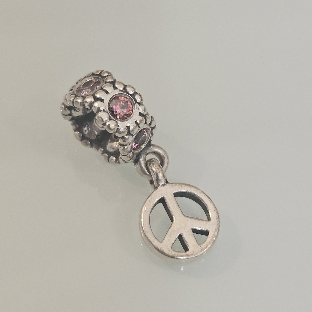 Pandora 925 ALE Sterling Silver Peace Sign Pink CZ Dangle Charm Authentic